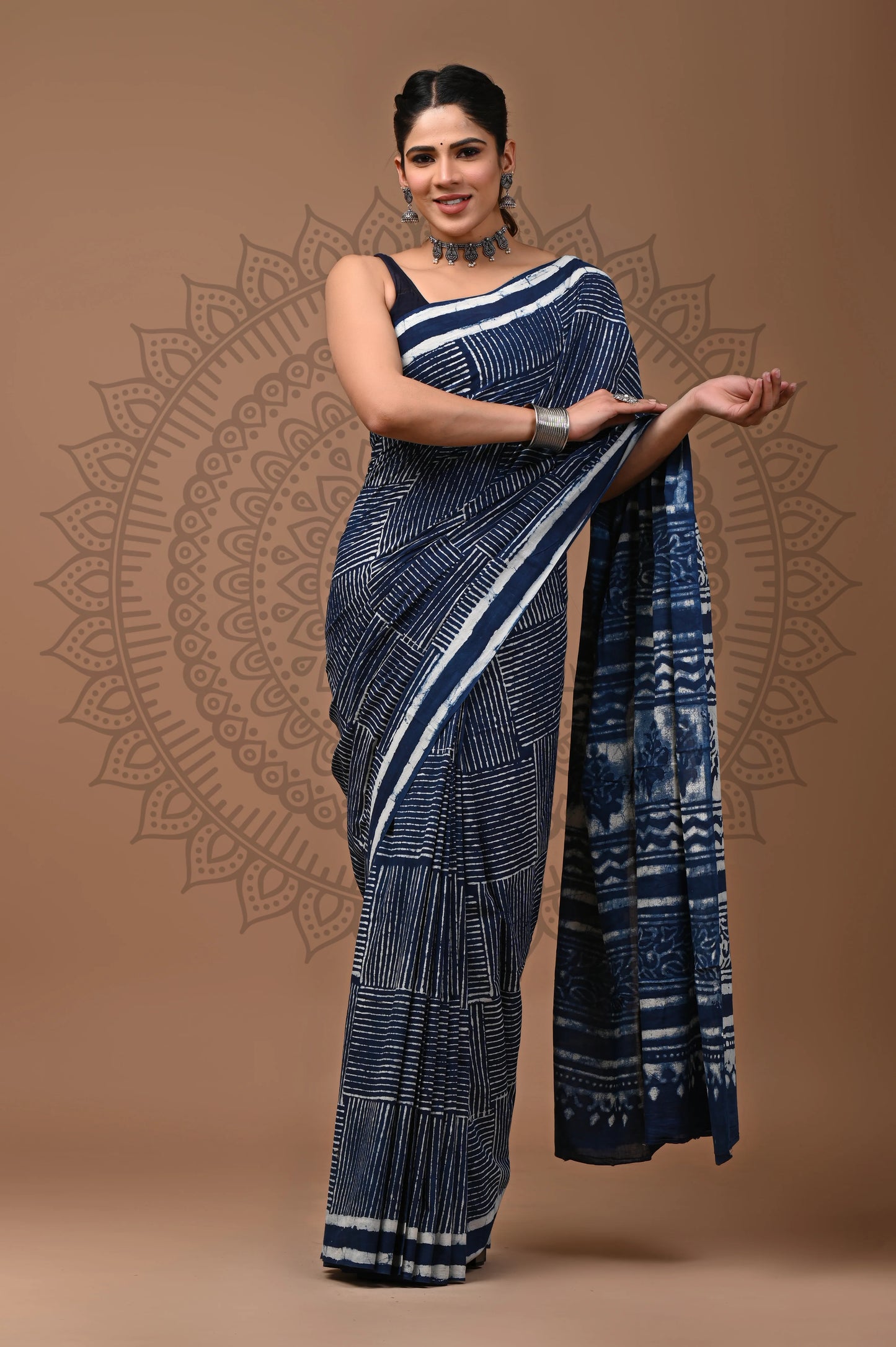 Indigo Dabu Block Printed Cotton Saree With Blouse