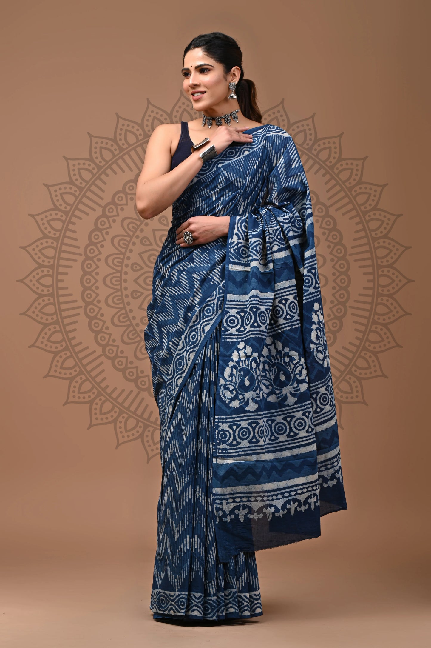 Indigo Dabu Block Printed Cotton Saree With Blouse