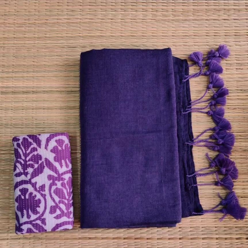 Plain Mulmul soft cotton saree with Contrast Blouse