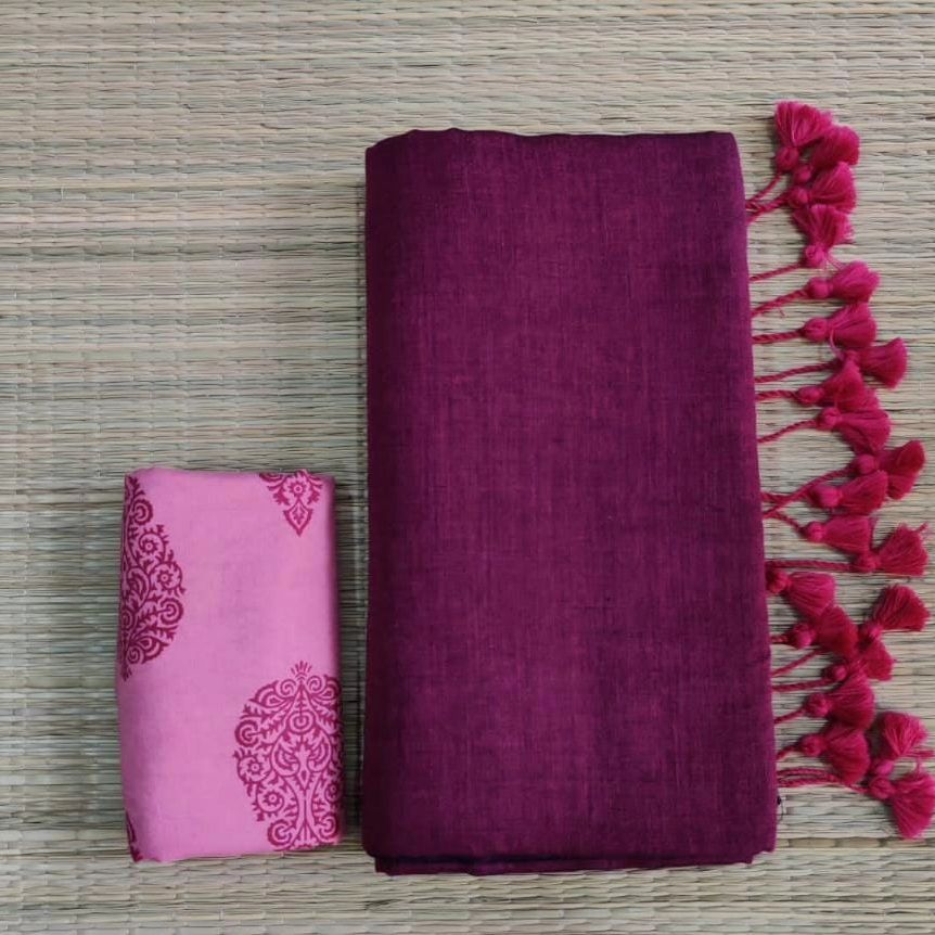 Plain Mulmul soft cotton saree with Contrast Blouse