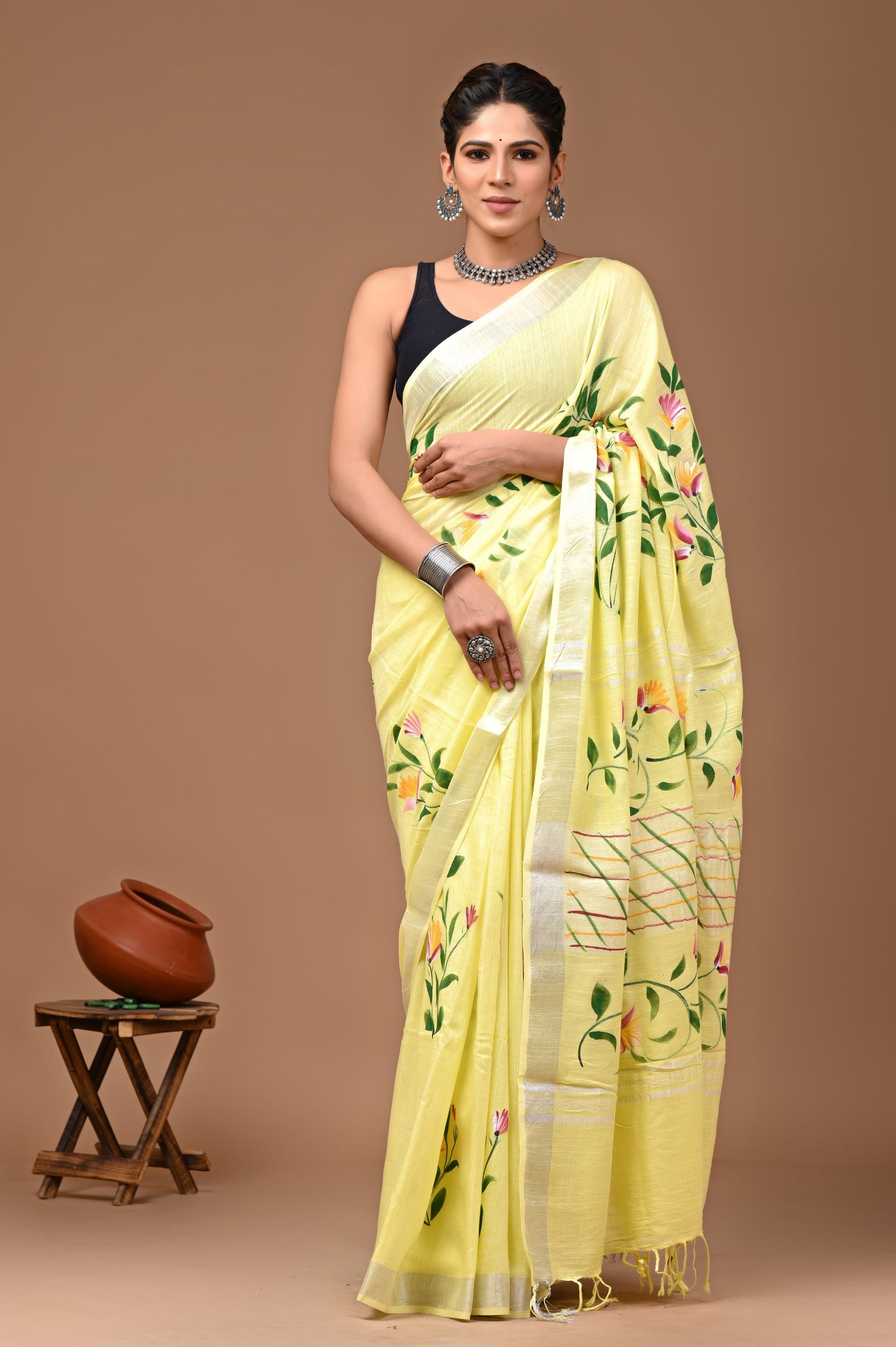 Hand Block Printed Linen Saree