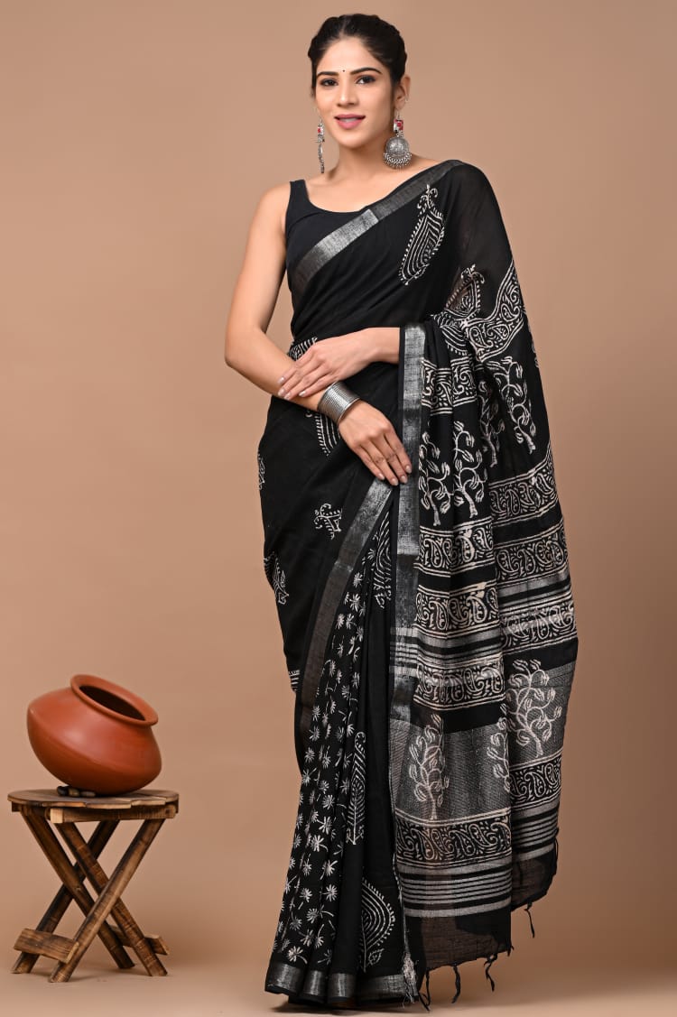 Hand Block Printed Linen Saree