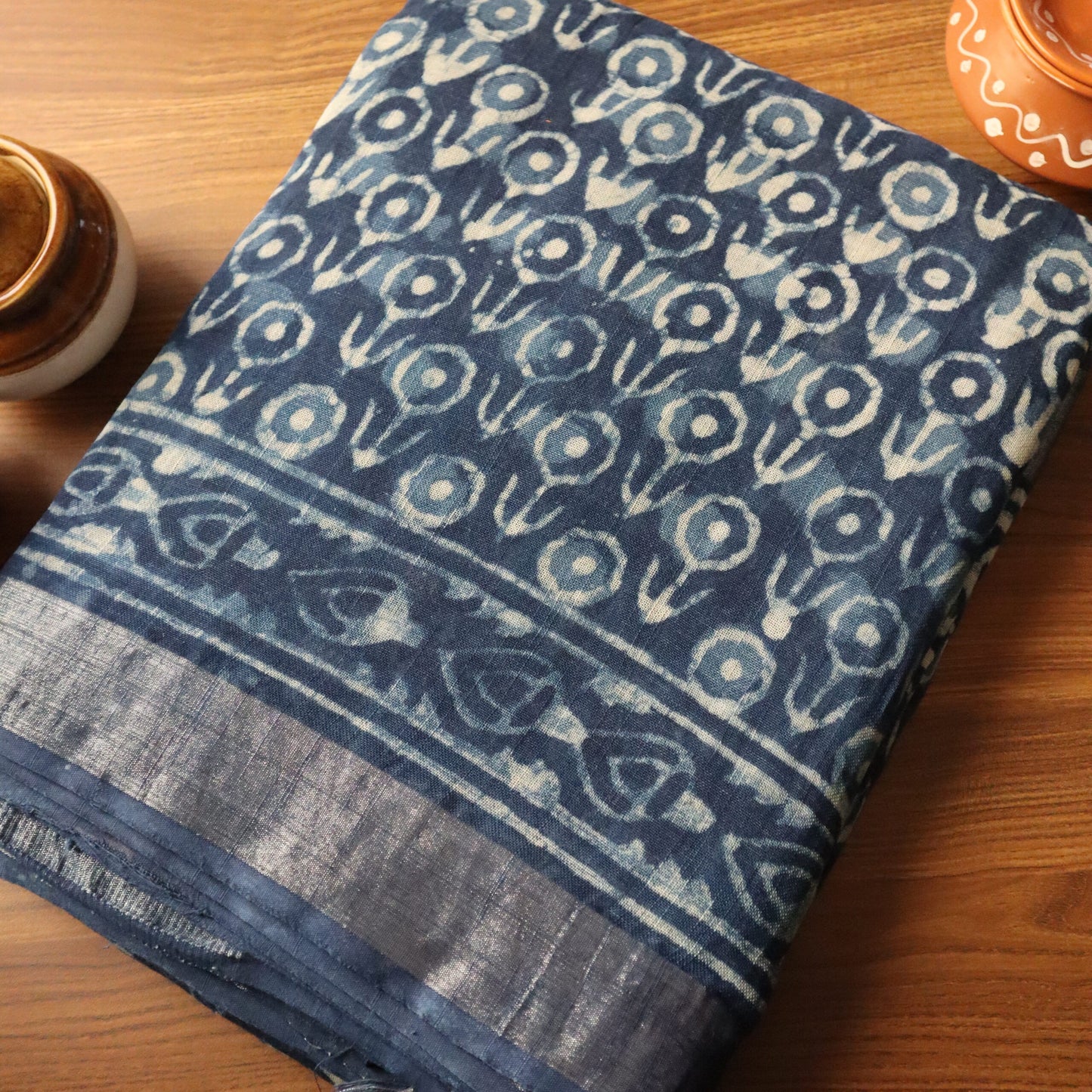 Dabu Block Printed Cotton Saree with Blouse