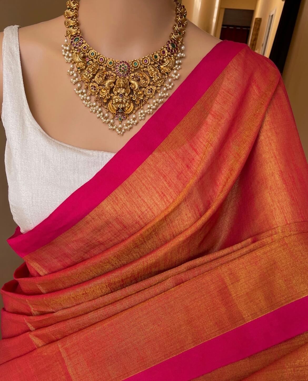 RED ORANGE TISSUE COTTON SAREE