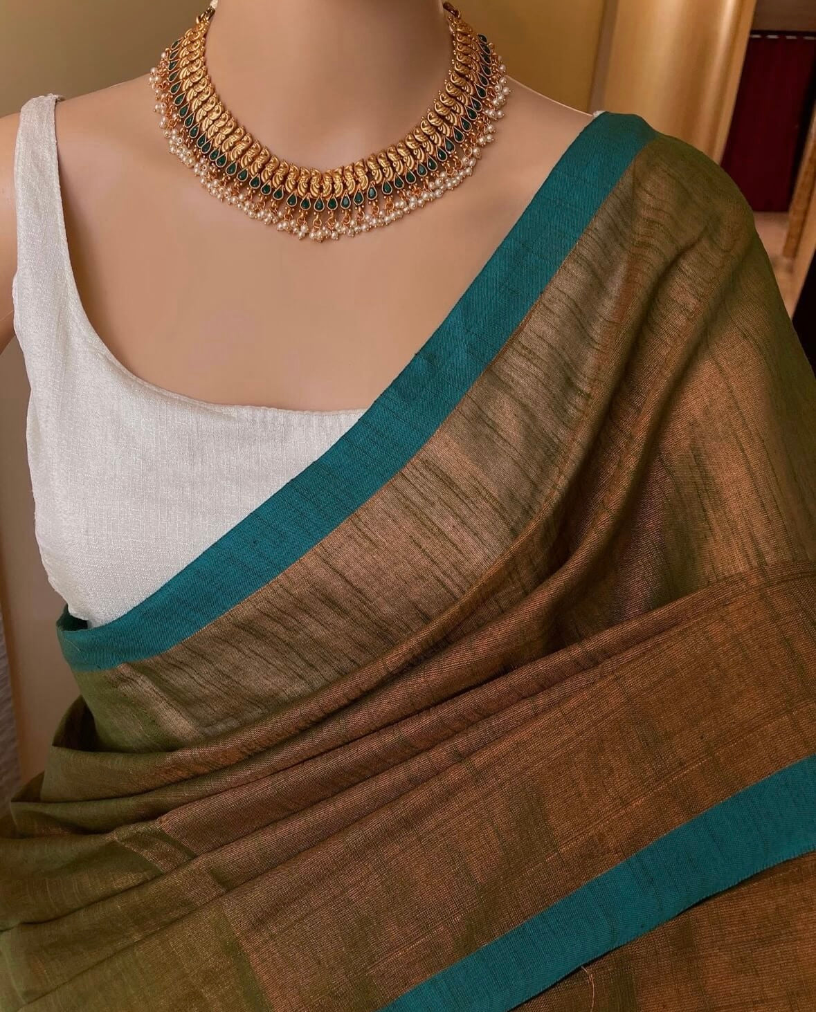 OLive Green Tissue Cotton Saree