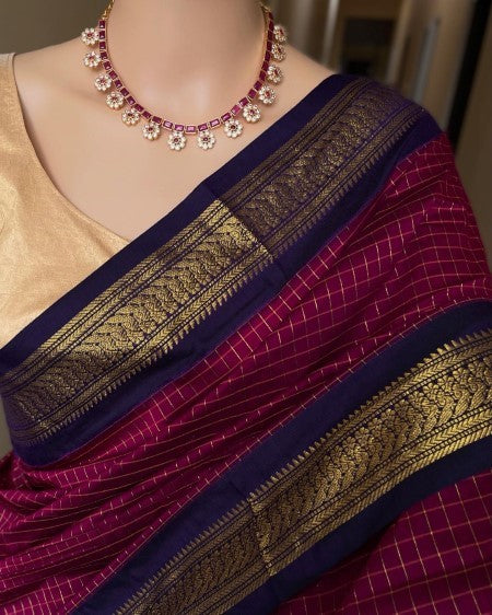 MAGENTA COTTON SILK SAREE WITH CHECKS