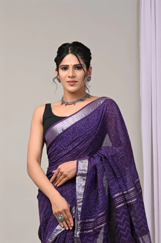 Hand Block Printed Linen Saree