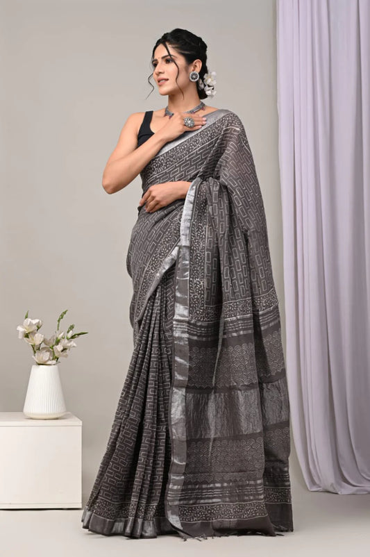 Hand Block Printed Linen Saree