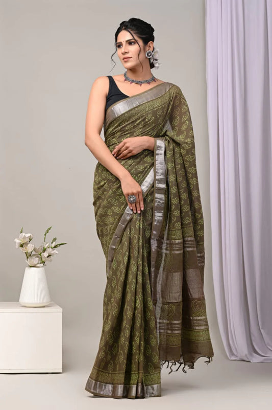 Hand Block Printed Linen Saree