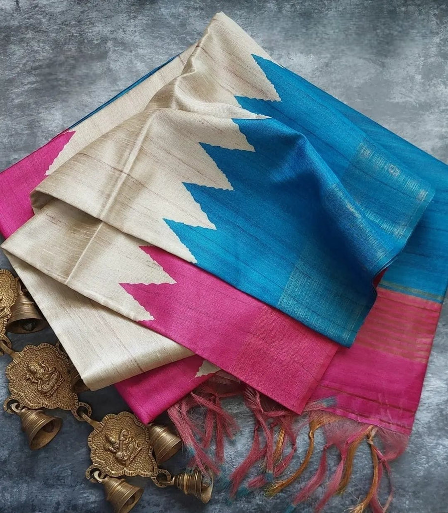 TEMPLE BORDER SEMI TUSSAR SAREE