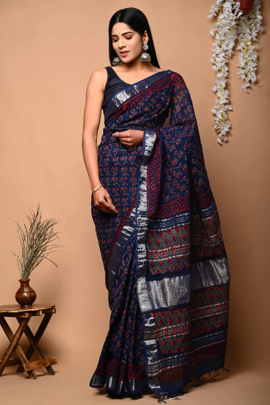 Hand Block Printed Linen Saree