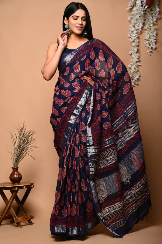 Hand Block Printed Linen Saree