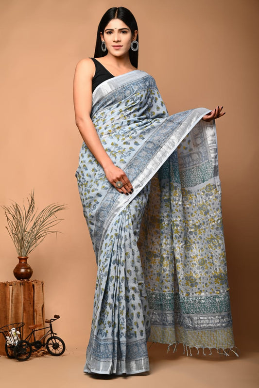 Hand Block Printed Linen Saree