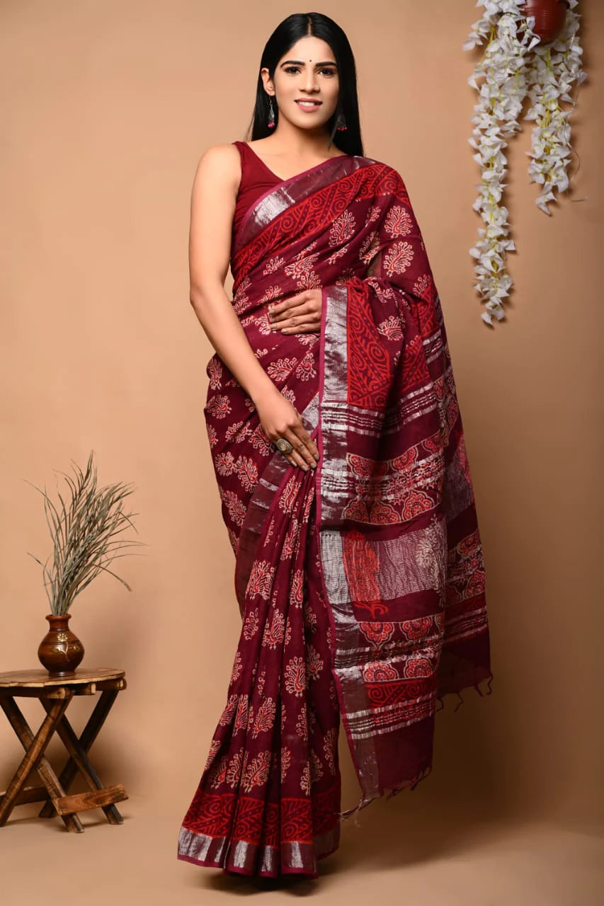 Hand Block Printed Linen Saree