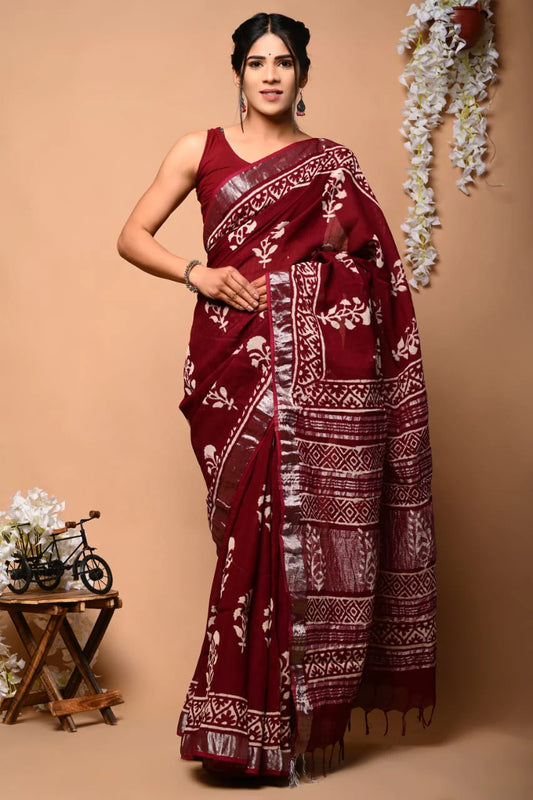 Hand Block Printed Linen Saree