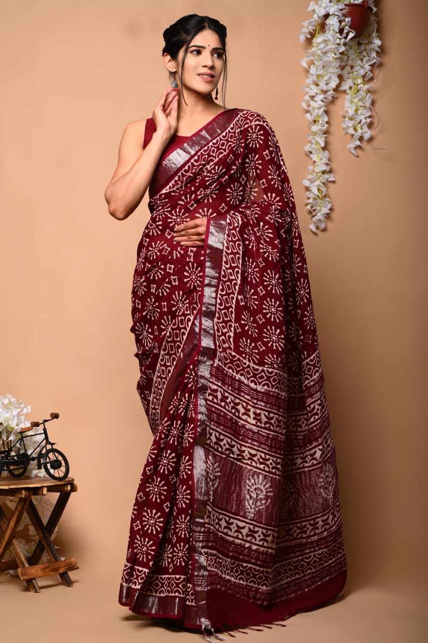 Hand Block Printed Linen Saree