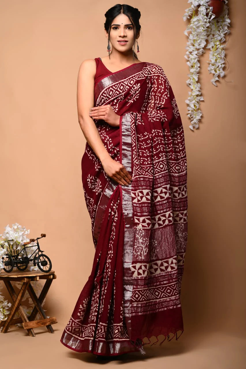 Hand Block Printed Linen Saree