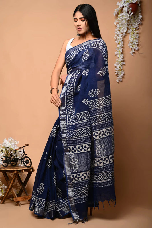 Hand Block Printed Linen Saree