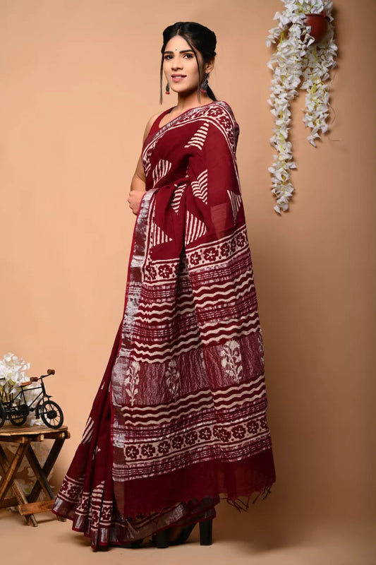 Hand Block Printed Linen Saree