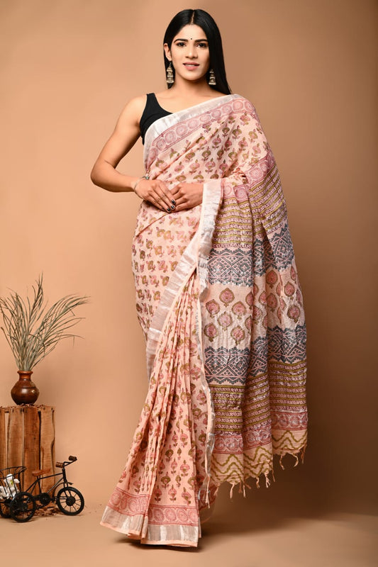 Hand Block Printed Linen Saree