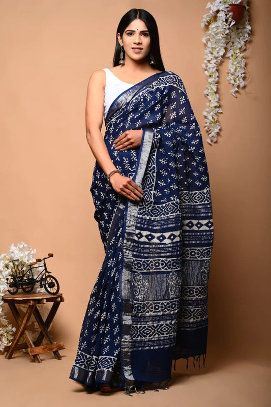 Hand Block Printed Linen Saree