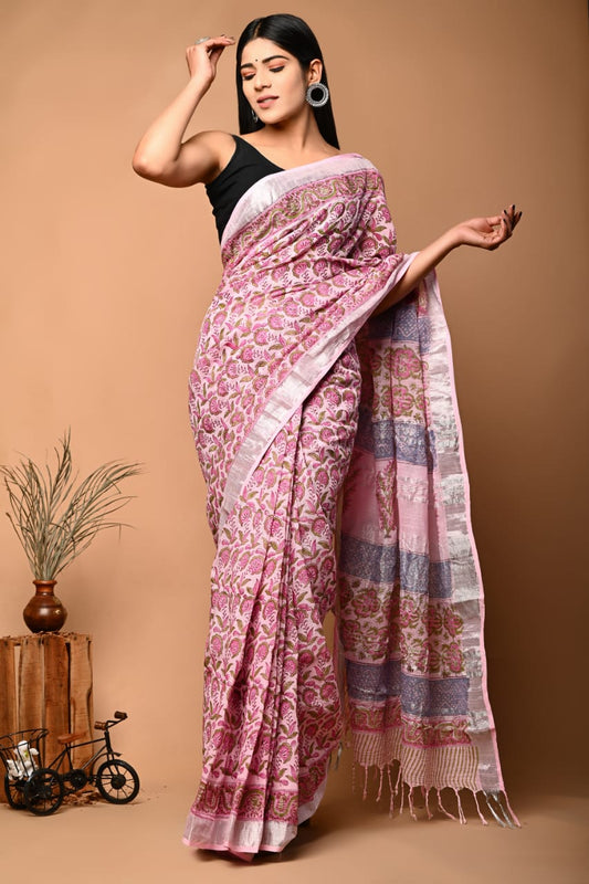 Hand Block Printed Linen Saree