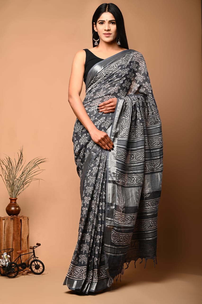 Hand Block Printed Linen Saree