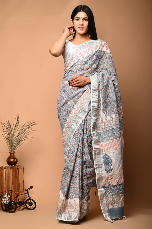 Hand Block Printed Linen Saree