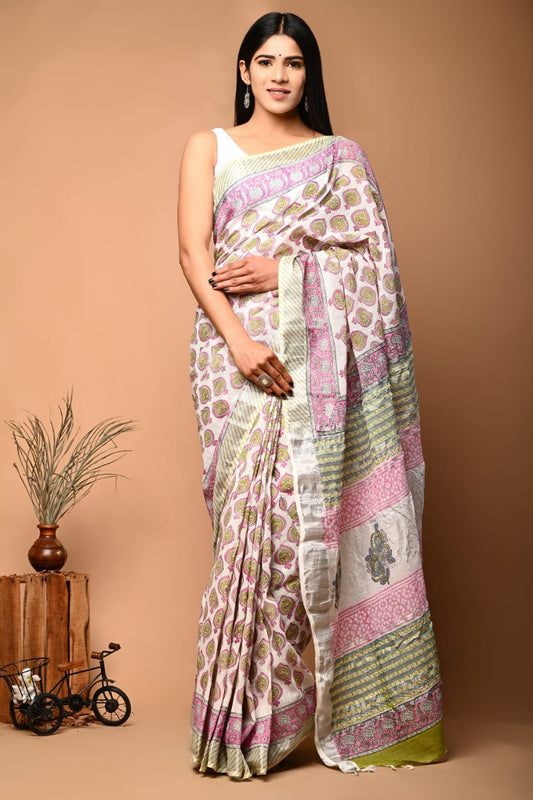 Hand Block Printed Linen Saree