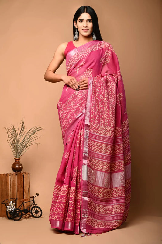 Hand Block Printed Linen Saree