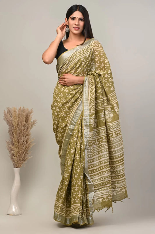 Hand Block Printed Linen Saree