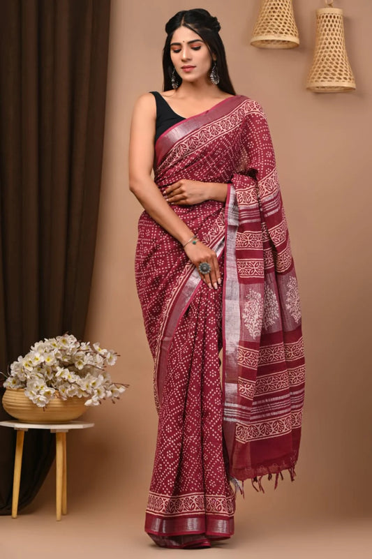 Hand Block Printed Linen Saree