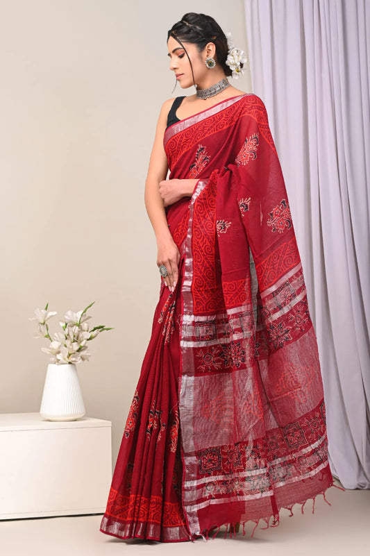 Hand Block Printed Linen Saree