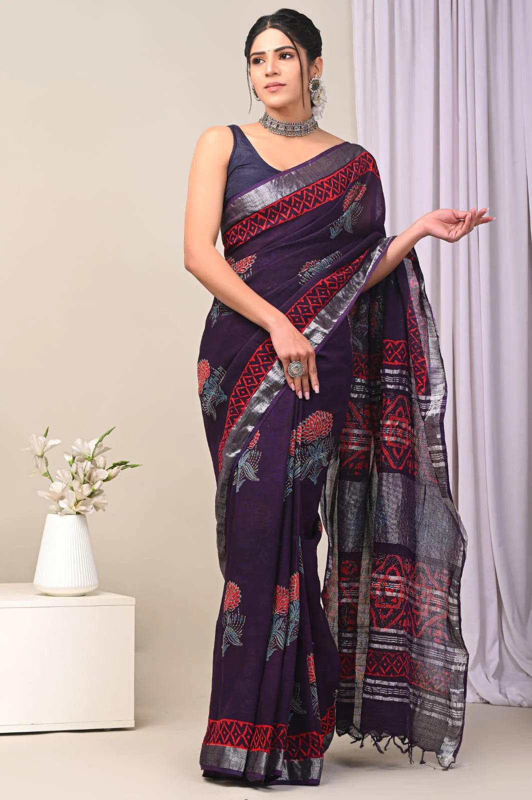 Hand Block Printed Linen Saree