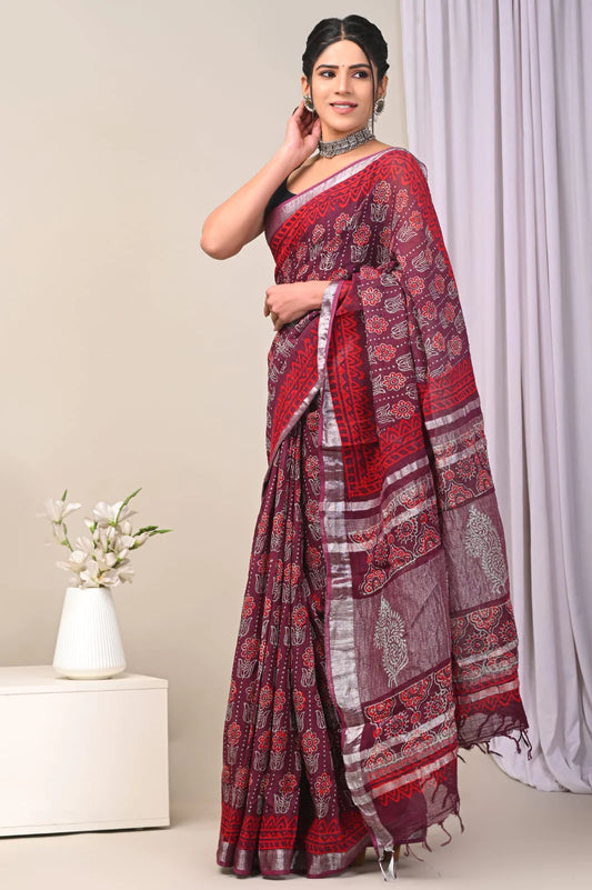 Hand Block Printed Linen Saree