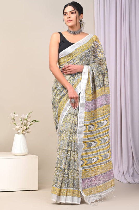 Hand Block Printed Linen Saree