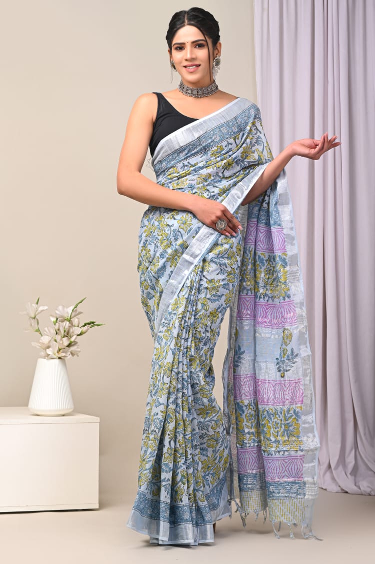 Hand Block Printed Linen Saree