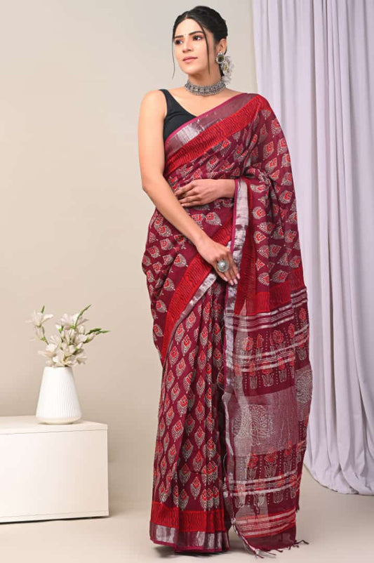 Hand Block Printed Linen Saree