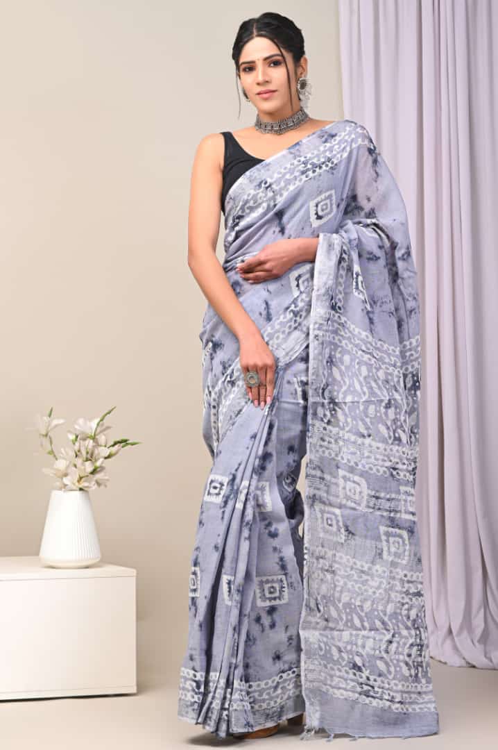 Hand Block Printed Linen Saree