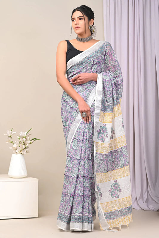 Hand Block Printed Linen Saree