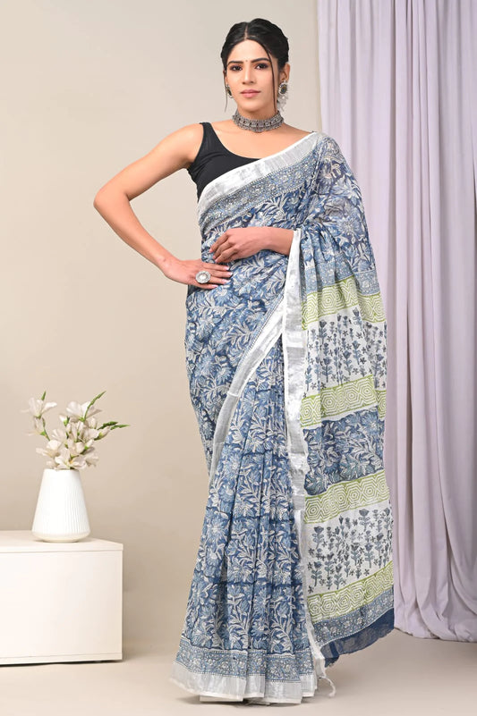 Hand Block Printed Linen Saree