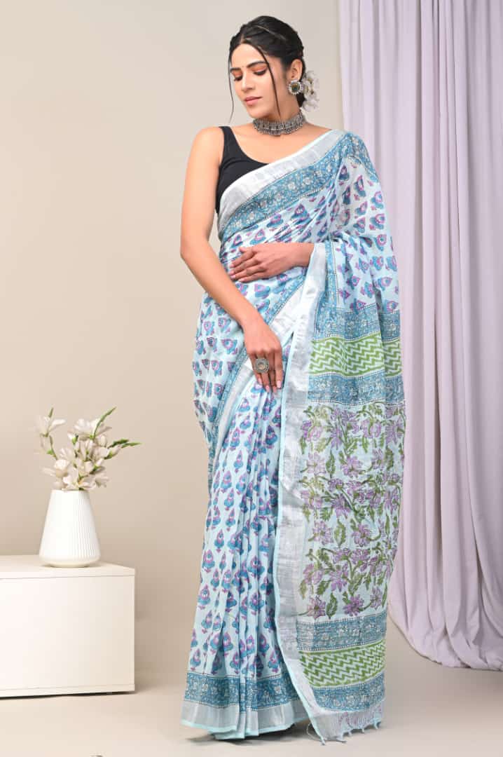 Hand Block Printed Linen Saree