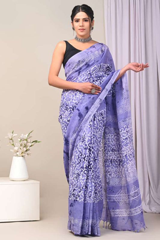 Hand Block Printed Linen Saree