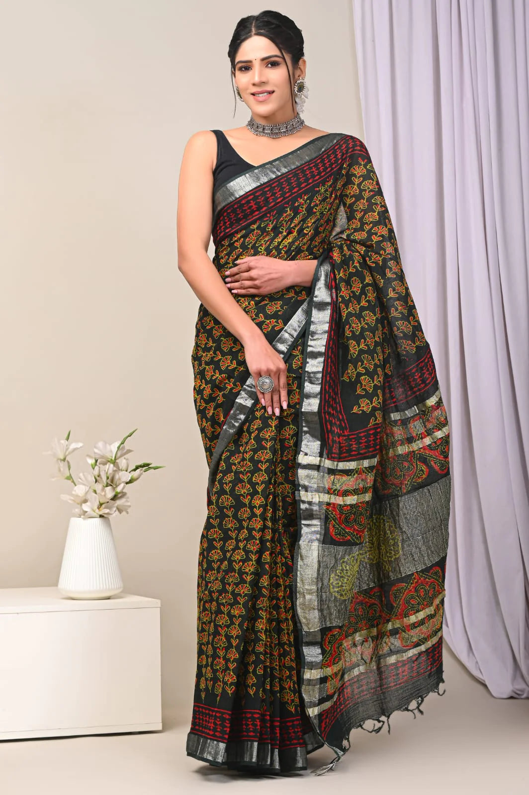 Hand Block Printed Linen Saree