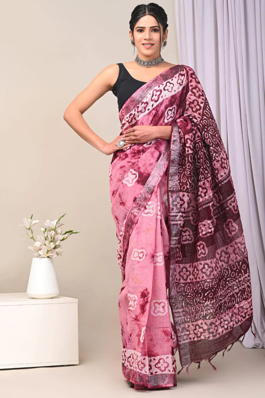 Hand Block Printed Linen Saree