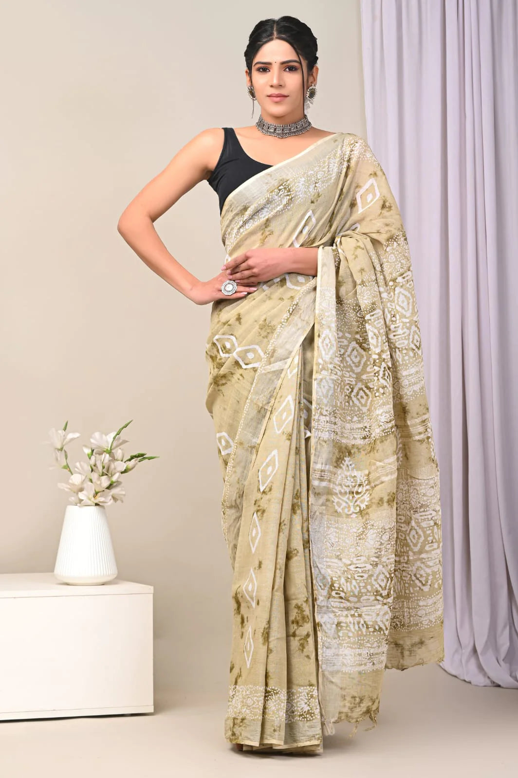 Hand Block Printed Linen Saree