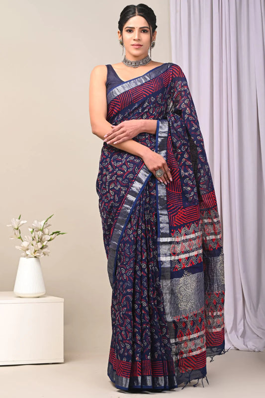 Hand Block Printed Linen Saree