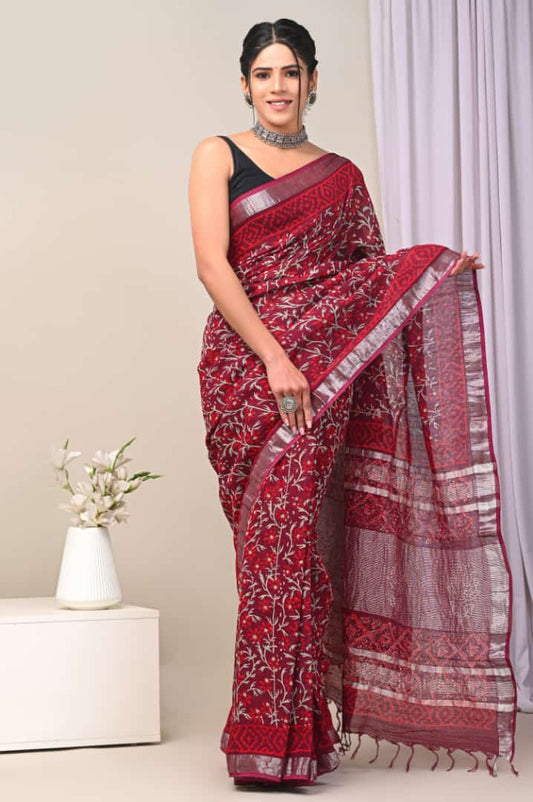 Hand Block Printed Linen Saree