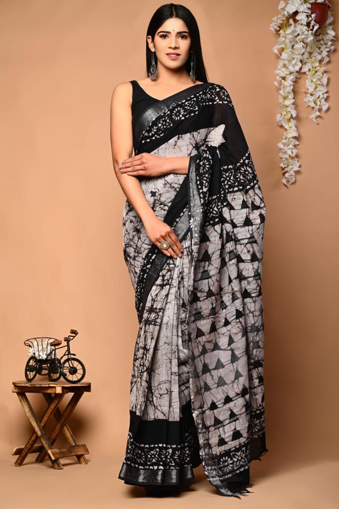 Hand Block Printed Linen Saree