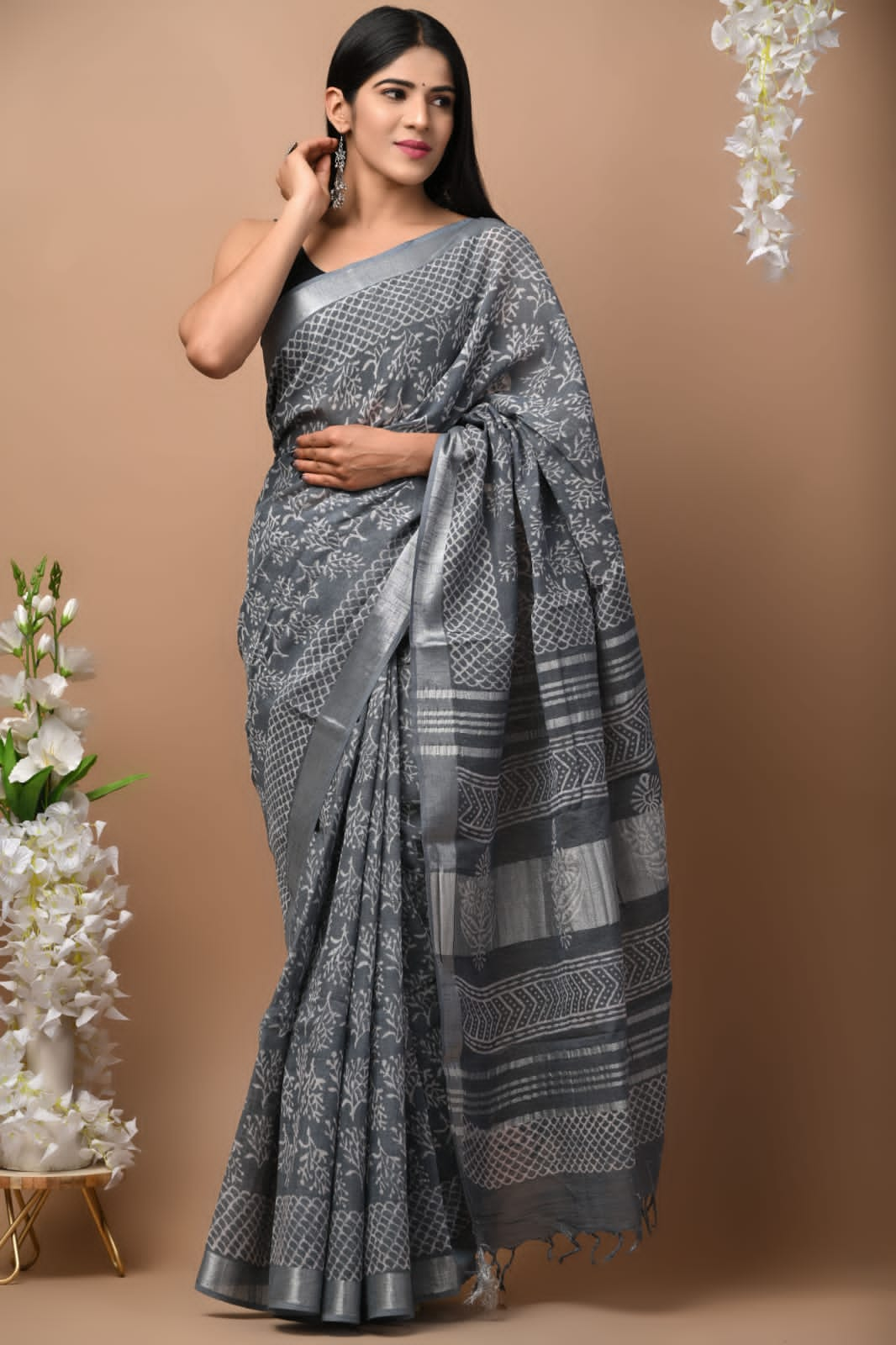 Hand Block Printed Linen Saree